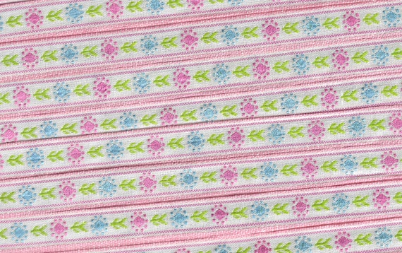 FLORAL A-15-K Jacquard Ribbon Poly Blend Trim 1/2" wide (13mm) White w/Pink Border, Pink & Sky Blue Flowers, Lime Green Leaves