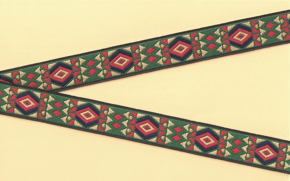 NATIVE AMERICAN F-14-B Jacquard Ribbon Poly Trim, 1" Wide (25mm) Beige w/Green, Navy, Green & Red Tribal Diamond Design