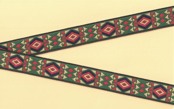 NATIVE AMERICAN F-14-B Jacquard Ribbon Poly Trim, 1" Wide (25mm) Beige w/Green, Navy, Green & Red Tribal Diamond Design, Per Yard