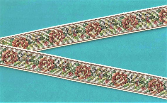 FLORAL TAPESTRY F-21-D Jacquard Ribbon Cotton Woven Trim 1-1/8" wide (28mm) "Petit Point" Floral Design in Cream, Peach & Green