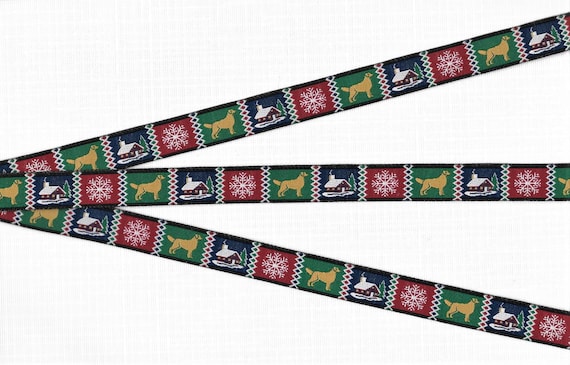 HOLIDAY B-18-A Jacquard Ribbon Poly Trim 1/2" wide (13mm) Douglas Paquette "North Country" Blocks of Snowflakes, Dogs, Cabins, Per Yard