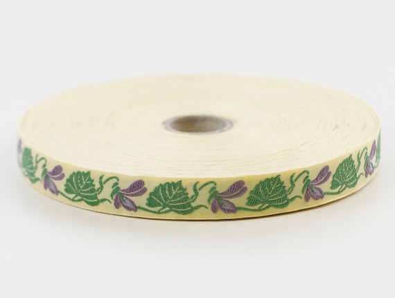 KAFKA C-01/03 Jacquard Ribbon Woven Organic Cotton Trim 5/8" wide (16mm) Yellow Background w/Purple "Violets", Green Leaves, Per Yard