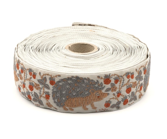 KAFKA G-33/04 Jacquard Ribbon Woven Organic Cotton Trim 1-1/4" wide (32mm) Ivory Background w/Gray & Beige Hedgehogs