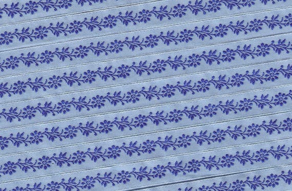 KAFKA A-18/08 Jacquard Ribbon Woven Organic Cotton Trim 7/16" wide (10mm) Blue Background w/Dark Blue Flowers, Leaves & Vines