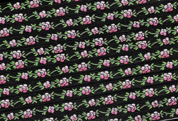 FLORAL A-01-K Jacquard Ribbon Poly Trim, 5/16" wide, Made in the USA, Black w/Variegated Pink Flowers & Green Leaves