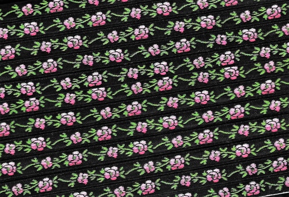 FLORAL A-01-K Jacquard Ribbon Poly Trim, 5/16" wide, Made in the USA, Black w/Variegated Pink Flowers & Green Leaves