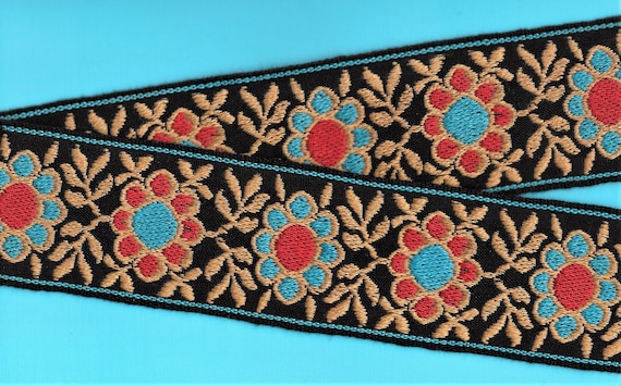 FLORAL L-01-A Jacquard Ribbon Cotton Trim 2-1/8" wide (54mm) VINTAGE RETRO Black Background w/Turquoise & Red Flowers, Beige Leaves