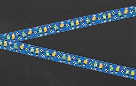 NOVELTY/Sports D-01-C Jacquard Ribbon Poly Trim 3/4" Wide (20mm) Made in France, Blue w/Foosball Style Soccer Players & Balls, Per Yard