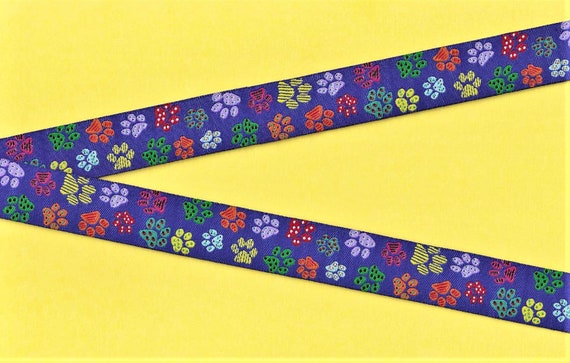 NOVELTY/Dogs E-23-A RDS Jacquard Ribbon Poly Trim 7/8" Wide (22mm) Blue w/Multi Colored/Patterned Paw Prints, Length Options Available