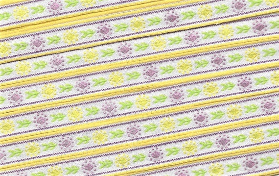 FLORAL A-15-A Jacquard Ribbon Poly Blend Trim 7/16" wide, White w/Bright Yellow Border, Lilac/Bright Yellow Flowers, Green Leaves