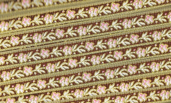 FLORAL B-12-E Jacquard Ribbon Polyester Trim 1/2" wide (13mm) Made in France, Brown w/Variegated Pink Flowers & Green Vines