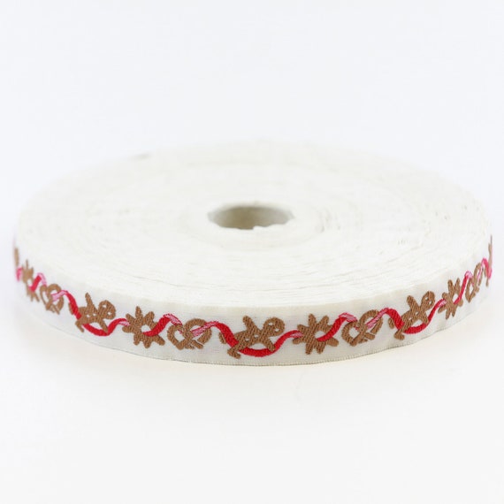 KAFKA C-02/22 Jacquard Ribbon Woven Organic Cotton Trim 5/8" wide (16mm) Ivory w/Gingerbread Men Pretzels & Cookies Red Ribbons, Per Yard