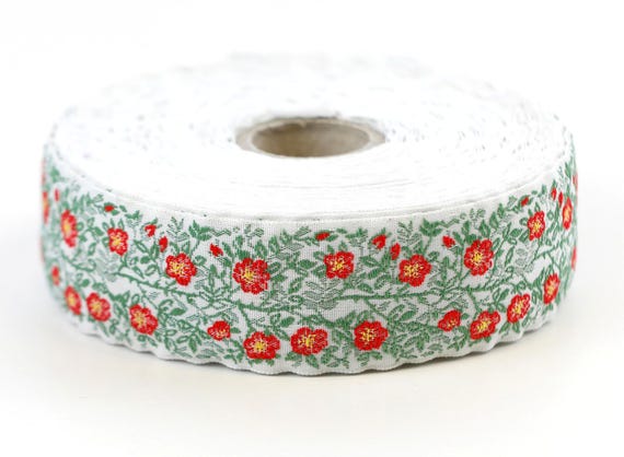 KAFKA F-02/01 Jacquard Ribbon Woven Organic Cotton Trim 1" wide (25mm) White Background w/Red & Yellow Wild Dog Roses, 2-Tone Green Leaves