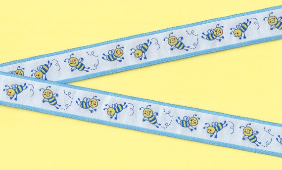 INSECTS F-01-B Jacquard Ribbon Poly Trim 1" wide (25mm) Made in Spain "Bee Happy!" Flying Blue Striped Bees on Blue Background