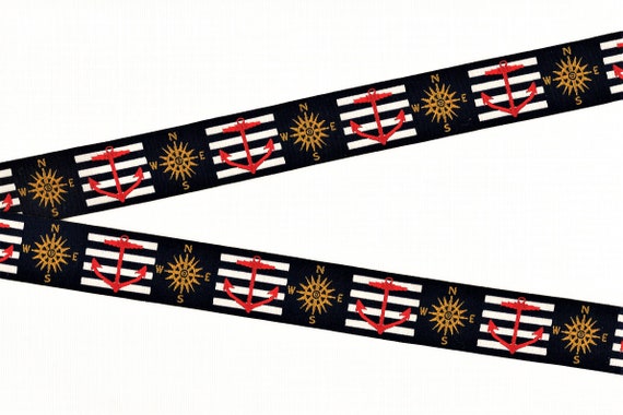 NOVELTY/Nautical E-04-BJacquard Ribbon Poly Trim 3/4" wide (20mm) Navy w/Stripes & Sailing Symbols