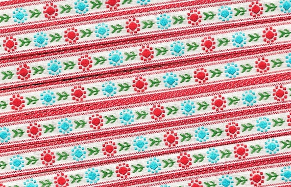 FLORAL A-15-i Jacquard Ribbon Poly Blend Trim 1/2" wide (13mm) White Background w/Red Border Red & Turquoise Flowers Green Leaves