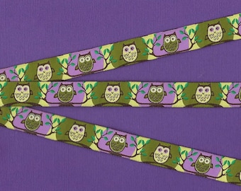 ANIMAUX/Oiseaux C-07-A Ruban Jacquard Garniture en Polyester 5/8" de Large (16mm) Nuances de Vert et Violet avec Hiboux sur Branches