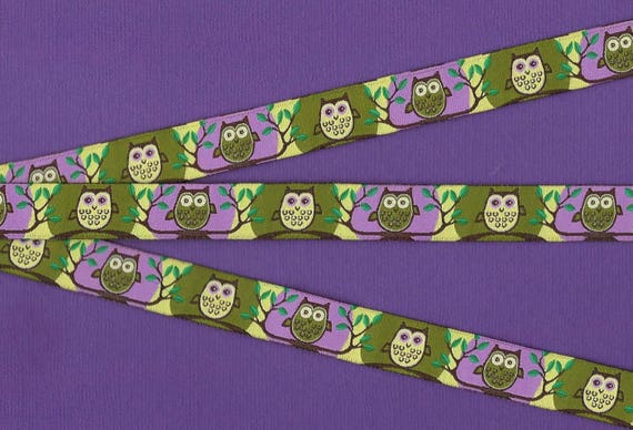 ANIMALS/Birds C-07-A Jacquard Ribbon Polyester Trim 5/8" Wide (16mm) Shades of Green & Purple w/Sweet Owls on Branches