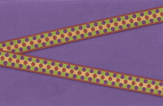 POLKA DOTS D-08-A Jacquard Ribbon Poly Trim 3/4" wide (20mm) Douglas Paquette, Purple/Rust Polka Dots on Green & Gold Stripes