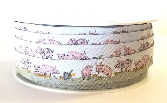 SOPHIA DRESCHER Animals Jacquard Ribbon Woven Trim 5/8" wide (16mm) From Germany "Stable Stories" White w/Piglets in Green Pasture