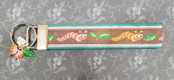 Jacquard Ribbon/Nylon Web 1" wide (25mm) Key Fobs CATERPILLARS w/Charms, Keychain, Key Wristlet, Zipper Pull, Luggage Tags, 5.5" long