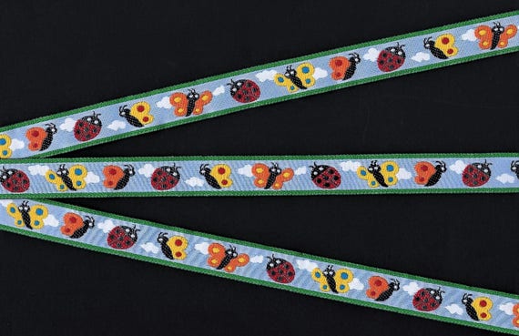 INSECTS C-01-B Jacquard Ribbon Polyester Trim, 5/8" Wide (16mm) RARE, Blue Background, Green Border w/Yellow, Orange & Red Bugs