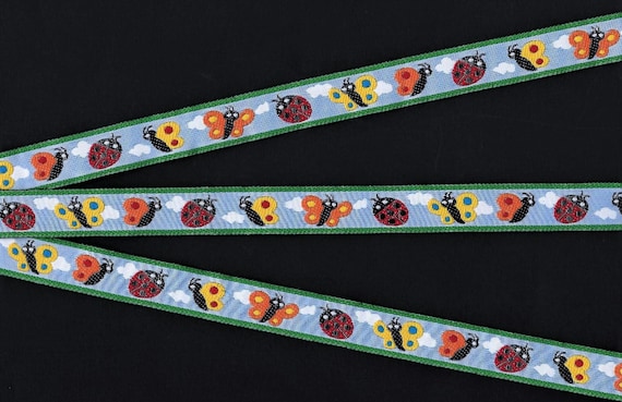 INSECTS C-01-B Jacquard Ribbon Polyester Trim, 5/8" Wide (16mm) RARE, Blue Background, Green Border w/Yellow, Orange & Red Bugs