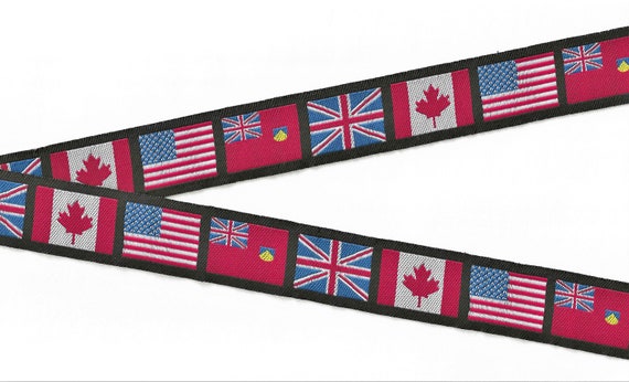NOVELTY/Flags F-05-A Jacquard Ribbon Polyester Trim 1" wide (25mm) Black Background with Flags from the UK, USA, Canada