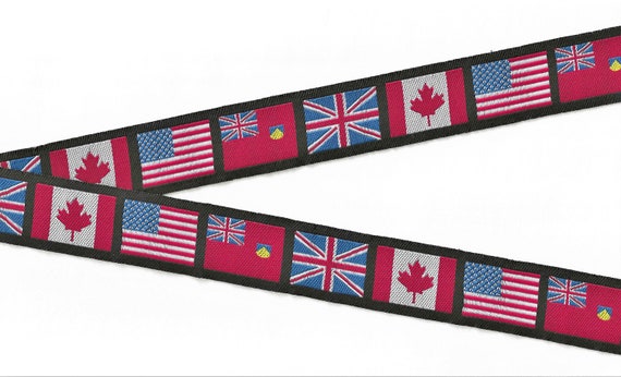 NOVELTY/Flags F-05-A Jacquard Ribbon Polyester Trim 1" wide (25mm) Black Background with Flags from the UK, USA, Canada, Per Yard