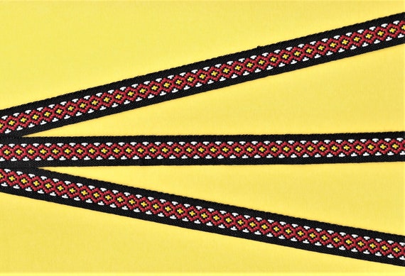 NATIVE AMERICAN B-28-A Jacquard Ribbon Polyester Trim 9/16" wide (14mm) Black Background w/Red & White Diamond Design, Yellow Accents