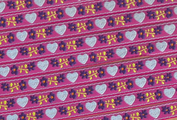 HEARTS/FLOWERS C-02-E Jacquard Ribbon Cotton Trim 5/8" wide (16mm) Made in France, Pink w/Lt Blue Hearts, Purple Flowers
