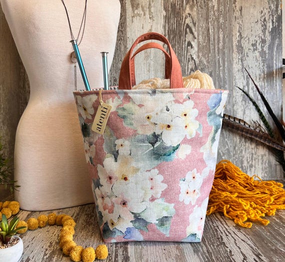ATENTI Handmade Bags "LILLIAN" Watercolor Pastel Floral, Hope Bucket Stand Alone Organizer, Needle Arts/Knitting Bag, Diaper Bag, USA Made