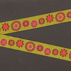 FLORAL E-01-A Jacquard Ribbon Poly Trim 7/8&quot; wide (22mm) LFNT by Renaissance Ribbons Pistachio Green w/Orange, Hot Pink, Brown MOD Flowers