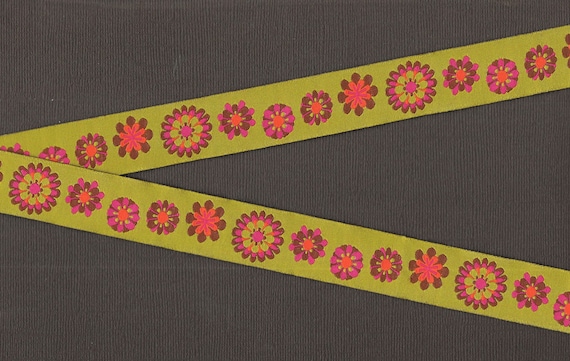 FLORAL E-01-A Jacquard Ribbon Polyester Trim 7/8" wide (22mm) Pistachio Green Background w/Orange/Hot Pink/Brown MOD Retro Flowers, Per Yard