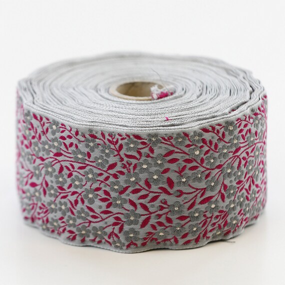 KAFKA K-02/18 Jacquard Ribbon Woven Organic Cotton Trim 2" wide (50mm) Gray w/Dk Gray & White Forget-Me-Nots, Fuchsia Pink Leaves