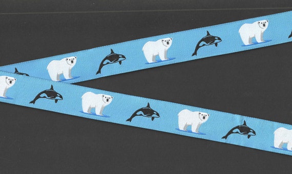 ANIMALS/Water E-31-A Jacquard Ribbon Poly Trim 7/8" wide (22mm) NEW! Polar Bears & Whales on Blue Background