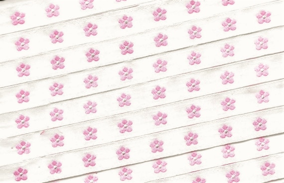 KAFKA A-03/21 Jacquard Ribbon Woven Organic Cotton Trim 7/16" wide (10mm) White Background w/Pale Pink & Gray Forget-Me-Not Flowers