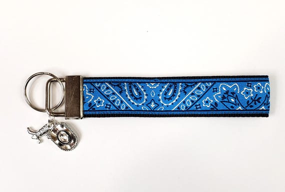 FLORAL (Blue Bandanna) Jacquard Ribbon/Nylon Web 1" wide (25mm) 5.5" long Key Fob w/Charms