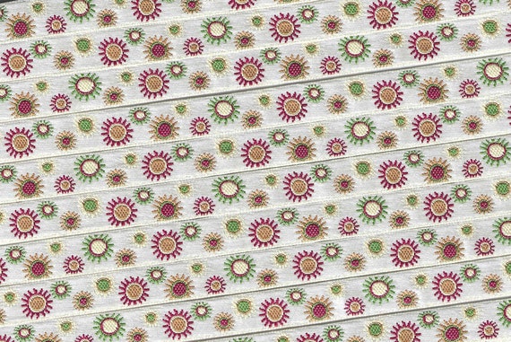 GEOMETRIC A-09-D Jacquard Ribbon Polyester Trim 3/8" wide (9mm) Ivory Background w/Burgundy, Olive, Tan & Cream "Sunbursts"