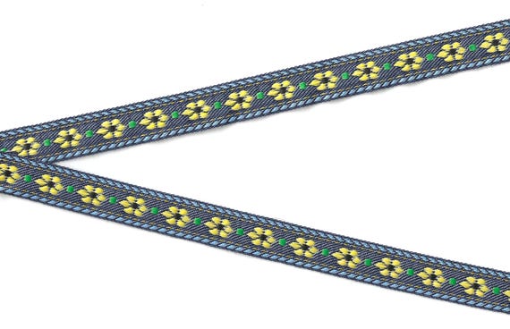 FLORAL C-22-B Jacquard Ribbon Poly Trim 5/8" wide (16mm) Denim Blue w/Yellow Flowers