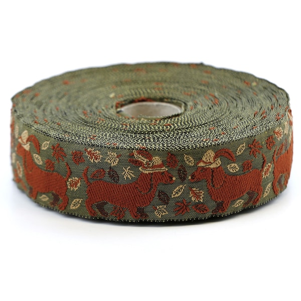 KAFKA F-06/07 Jacquard Ribbon Woven Organic Cotton Trim 1" wide (25mm) NEW Green Background w/Fawn Dachshunds wearing Beige Hats!