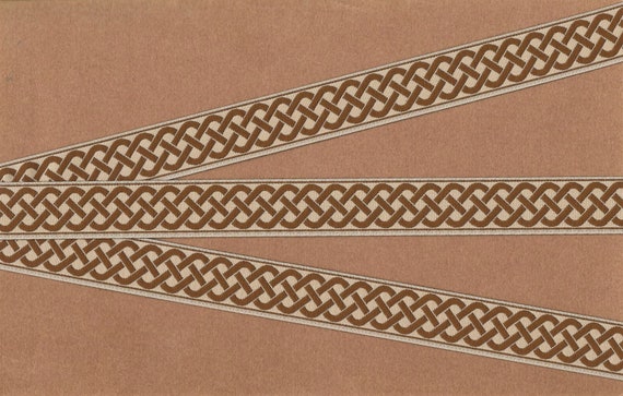 GEOMETRIC E-23-B Jacquard Ribbon Poly Trim, 7/8" Wide (22mm) Beige Background w/Brown Celtic Rope Trellis Pattern, Per Yard