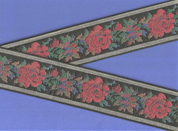 FLORAL TAPESTRY M-05-B Jacquard Ribbon Cotton Trim 2-3/8" wide (60mm) "Petit-Point" Black, Red & Orange Flowers, Green Leaves