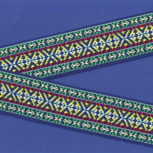 NATIVE AMERICAN K-06-C Nastro Jacquard in poliestere, larghezza 2" (50 mm), REVERSIBILE, blu, verde, rosso e giallo, accenti bianchi