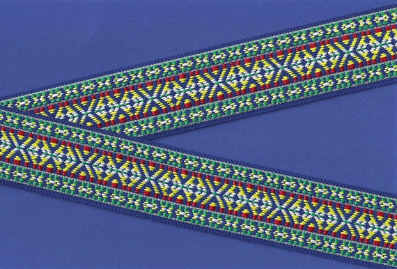 NATIVE AMERICAN K-06-C Jacquard Ribbon Polyester Trim, 2" Wide (50mm) REVERSIBLE, Blue, Green, Red & Yellow, White Accents, Per Yard