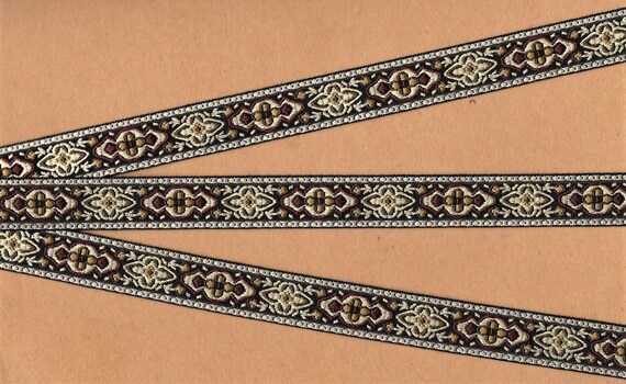 GEOMETRIC C-06-F Jacquard Ribbon Poly Trim 5/8" wide (16mm) Black Background w/Cream, Tan, Gold & Burgundy Medieval Renaissance, Per Yard
