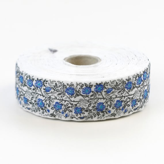 KAFKA F-02/04 Jacquard Ribbon Woven Organic Cotton Trim 1" wide (25mm) White background w/Blue & Turquoise Wild Roses, Gray Leaves/Vines