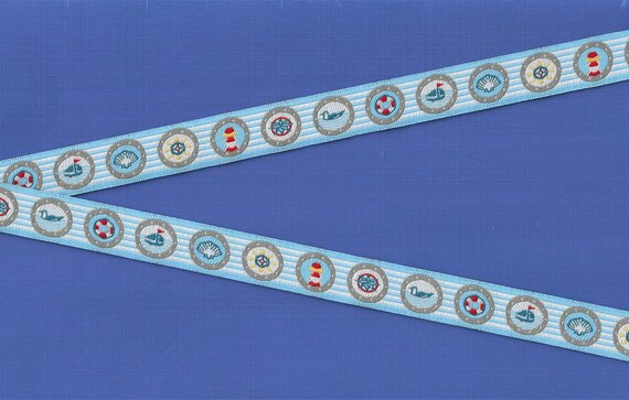 CHILDREN's NAUTICAL C-33 Jacquard Ribbon Poly Trim, 5/8" Wide (16mm) Medallions on Blue & White Stripe