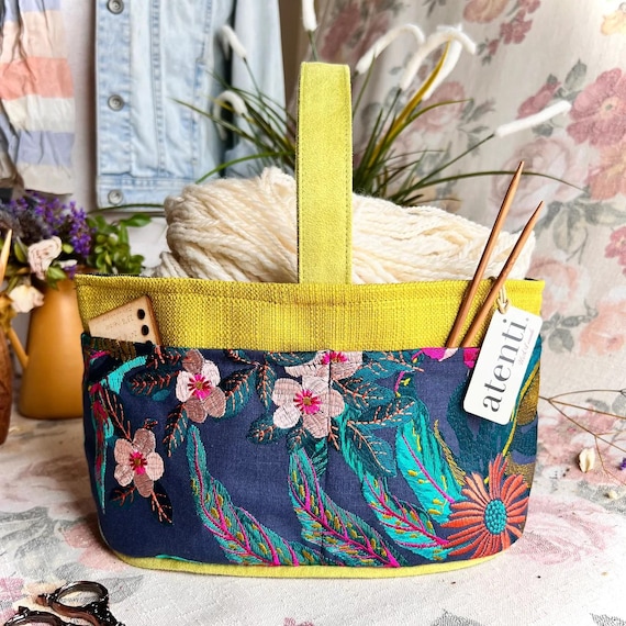 ATENTI Handmade Bags "FLORA" Tapestry Pattern, 8-Pocket Short Bucket Organizer, Needle Arts/Knitting Bag, Project Bag, Diaper Bag, USA Made
