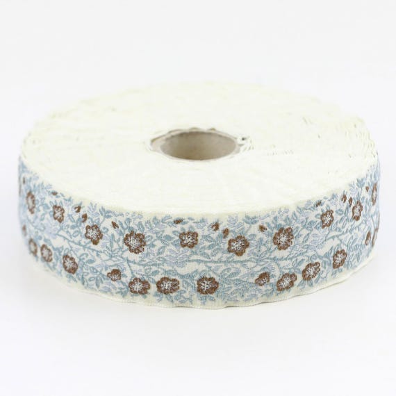 KAFKA F-02/42 Jacquard Ribbon Woven Organic Cotton Trim 1" wide (25mm) Ivory Background, Brown & Ivory Dog Roses, Blue-Gray Vines/Leaves